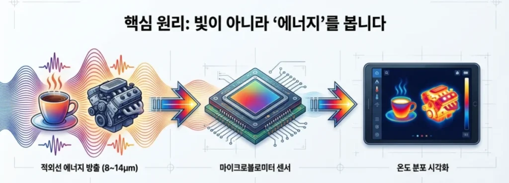 열화상카메라 원리 도식 – 적외선 방출과 센서 감지 흐름